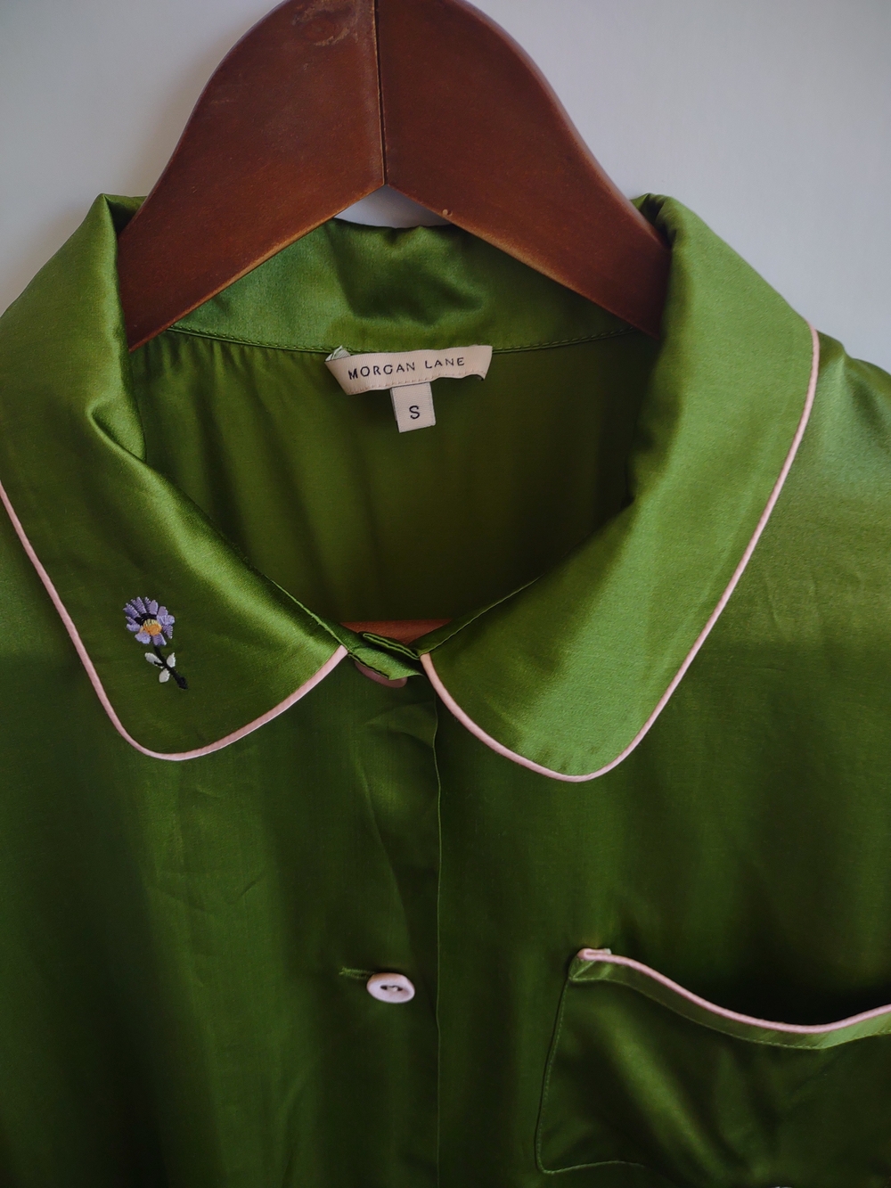 MORGAN LANE Ruthie and Chantal Green Embroidered Silk Blend PJ Top . - Picture 3 of 11